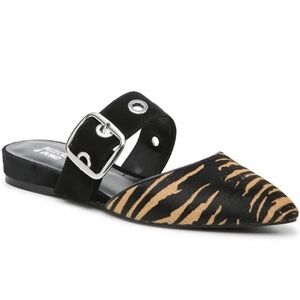 Bleecker & Bond Zada Animal Print Fur Leather Pointy Buckle Toe Slides Flats